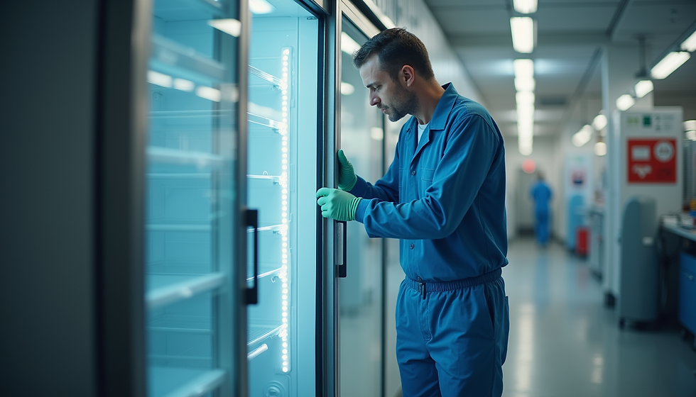 High angle view of a clean and well-maintained commercial fridge in a kitchen
