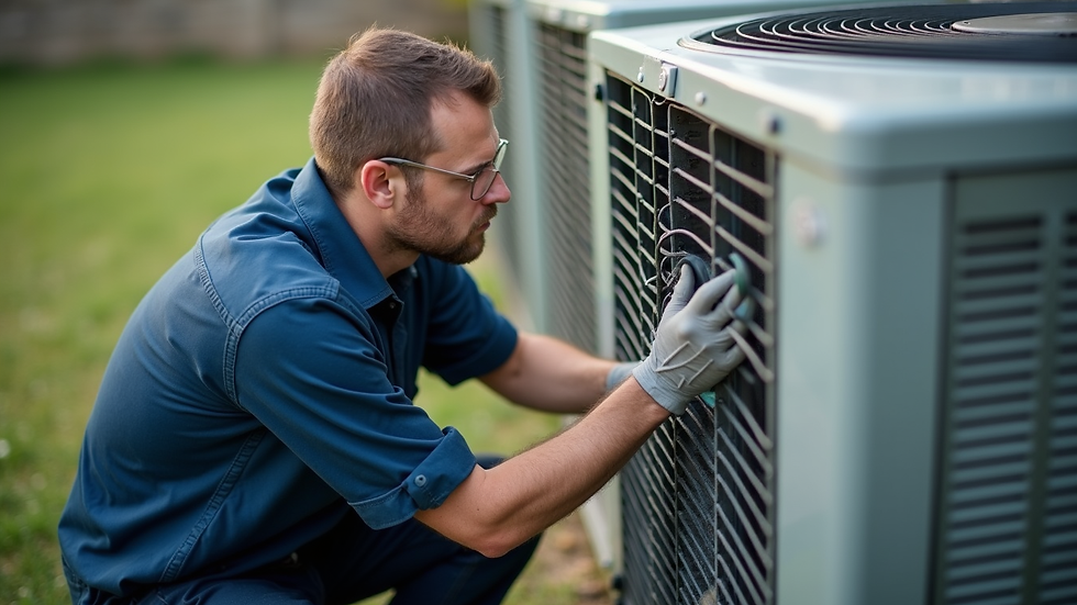 High angle view of a technician inspecting an air conditioning unit outdoors