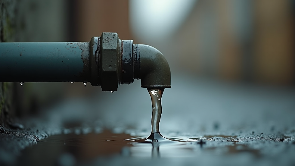 Close-up view of leaking pipe joint with water dripping