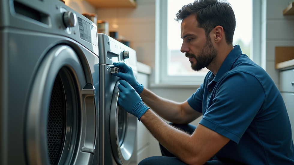 Eye-level view of a technician repairing a washing machine in a home laundry room