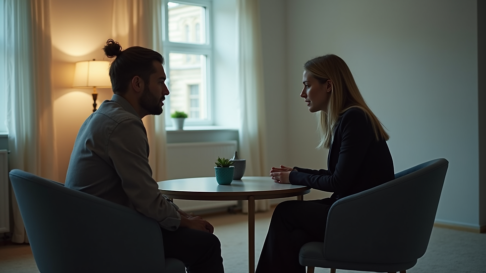 Eye-level view of a counsellor speaking with a client in a private room
