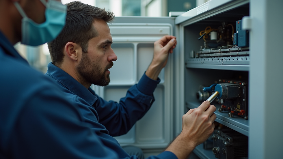 Close-up view of a technician replacing a refrigerator compressor in Johannesburg