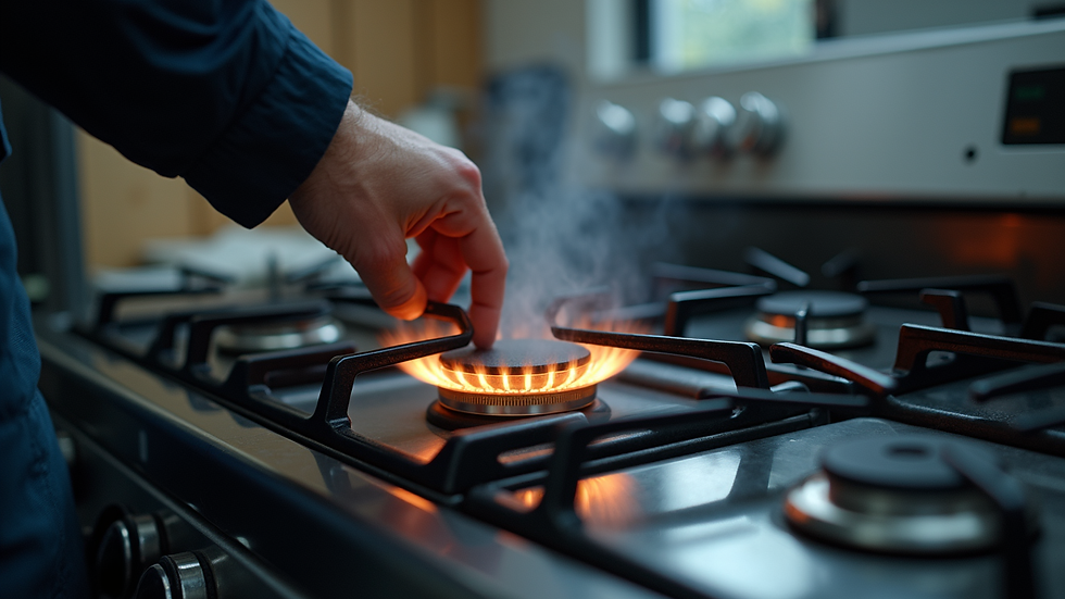 Eye-level view of a technician repairing a KIC stove burner