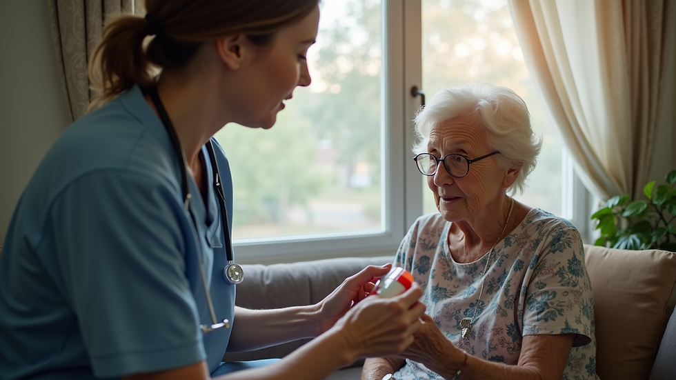 Eye-level view of a nurse assisting an elderly woman with medication at home in Pretoria