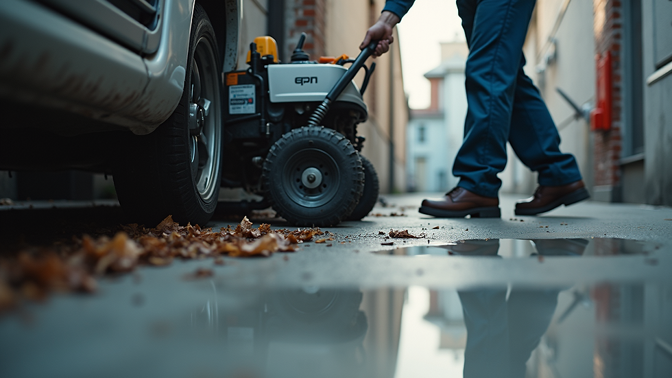 Eye-level view of a plumber using a drain cleaning machine
