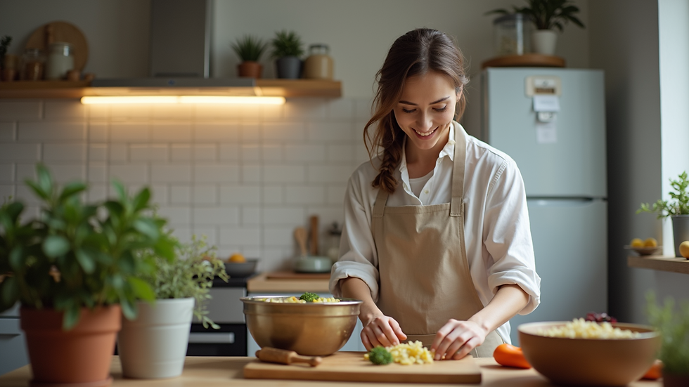 Eye-level view of a caregiver preparing a meal in a home kitchen