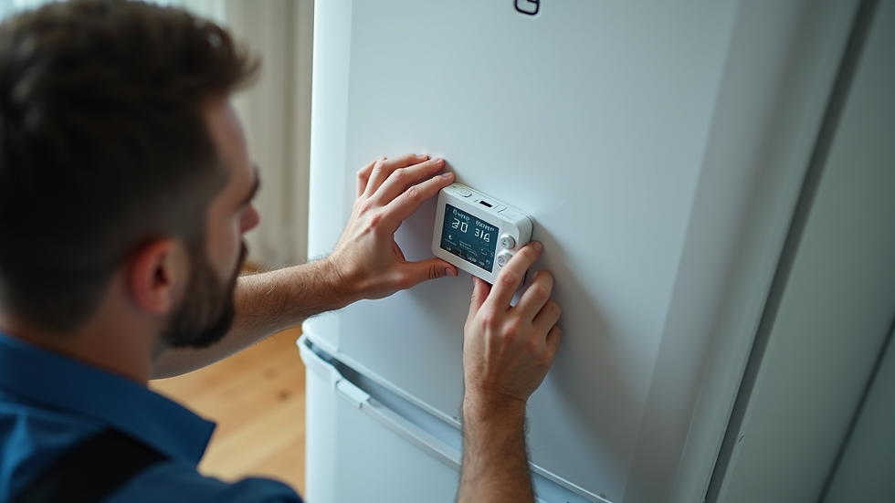 High angle view of a technician replacing a fridge thermostat during a home service call