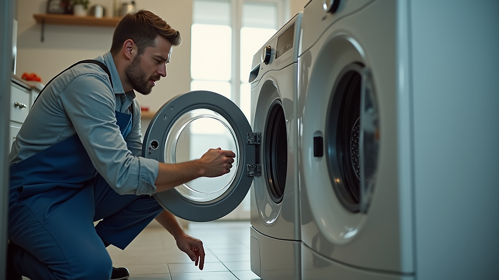 Eye-level view of a washing machine technician inspecting a washing machine in a home laundry room