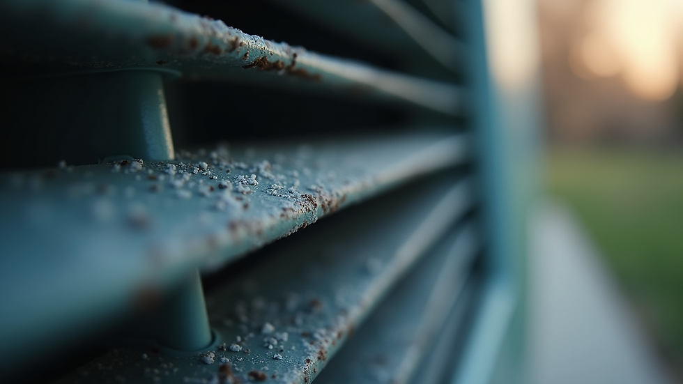 Close-up view of an air conditioner fan blade with dust buildup