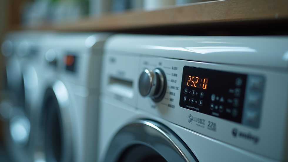 Eye-level view of washing machine control panel with buttons and display