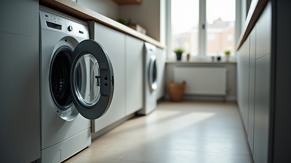 Eye-level view of a Siemens washing machine door open in a modern kitchen