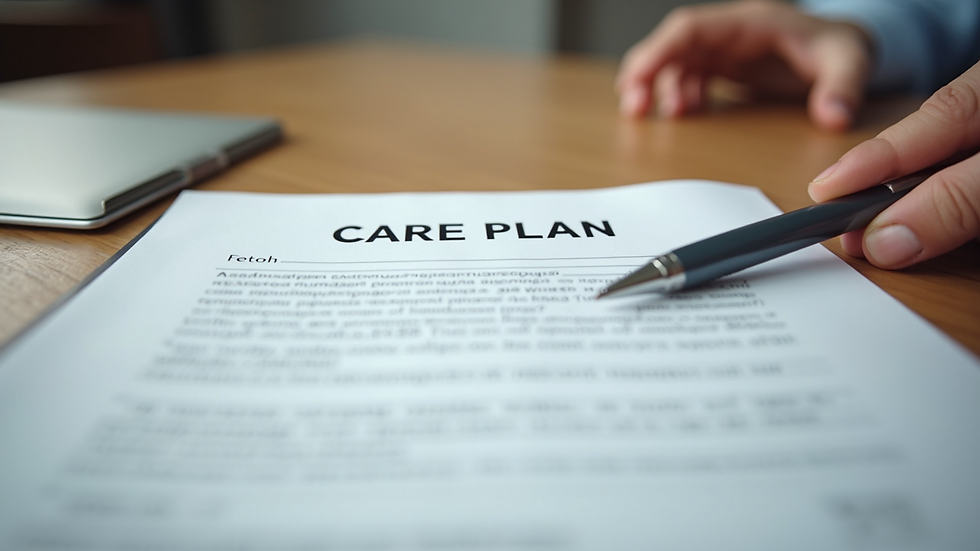 Close-up view of a care plan document with a pen on a wooden table