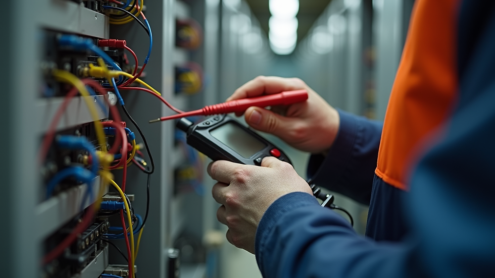 Close-up view of electrician testing electrical wiring with a multimeter