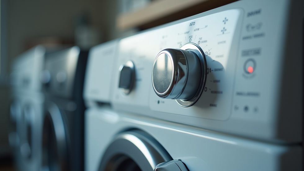 Eye-level view of a washing machine control panel with buttons and dials