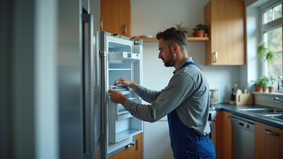 Eye-level view of a technician repairing a fridge door in a home kitchen