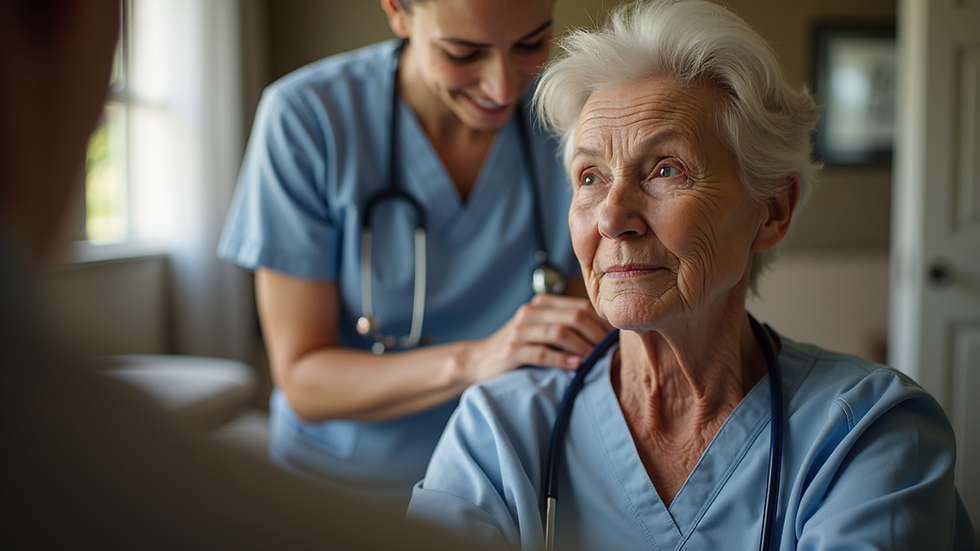 Eye-level view of a nurse assisting an elderly woman at home in Cape Town