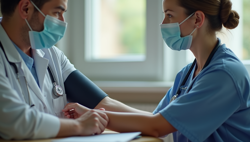 Eye-level view of a caregiver assisting an elderly person with medication at home