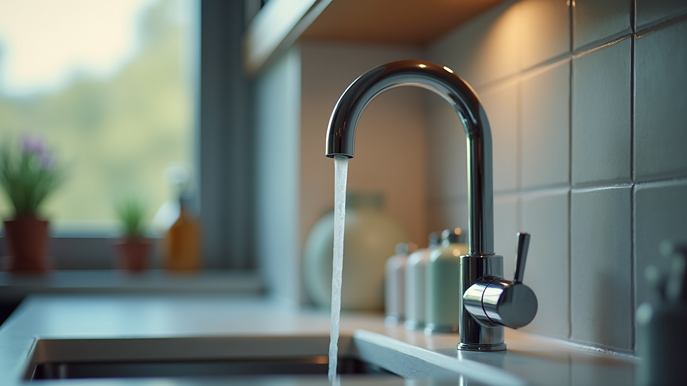 High angle view of a clean and well-maintained kitchen sink faucet