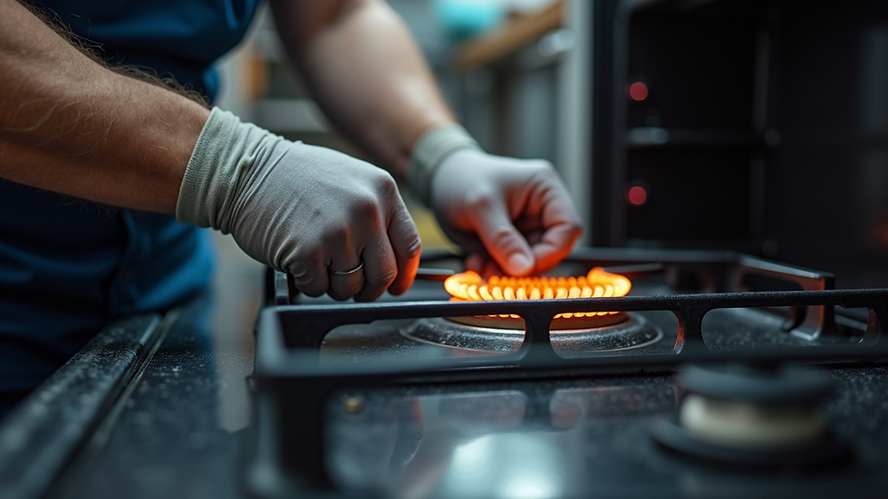 Eye-level view of a technician repairing an electric stove element