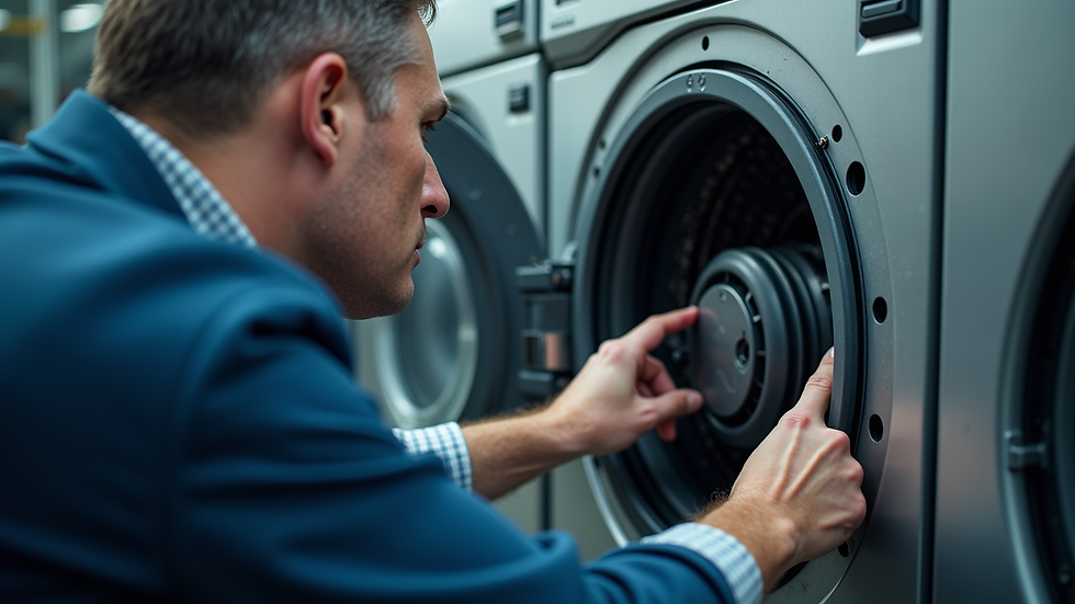 Eye-level view of a technician inspecting a dryer motor