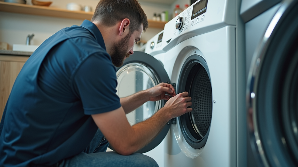 Eye-level view of a washing machine technician inspecting a washing machine in a home laundry room