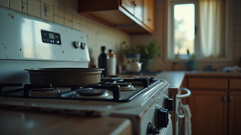 Eye-level view of a kitchen with a stove and oven ready for repair