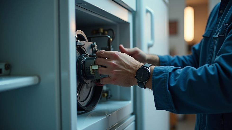 Close-up view of a fridge compressor being repaired