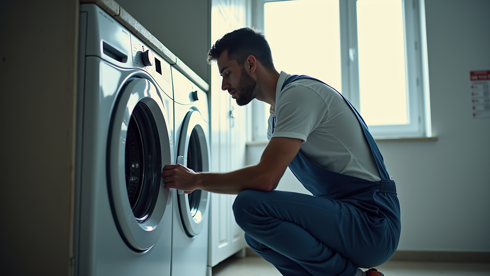 Eye-level view of a technician inspecting a washing machine in a home laundry room