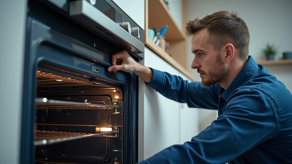 Eye-level view of a technician repairing a Bosch oven in a modern kitchen