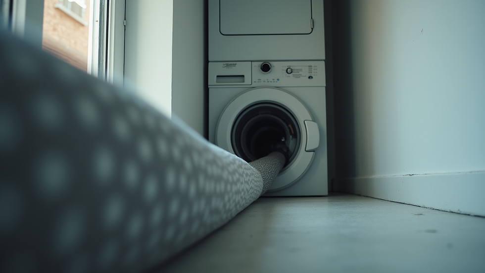 Eye-level view of dryer vent hose connected to the wall