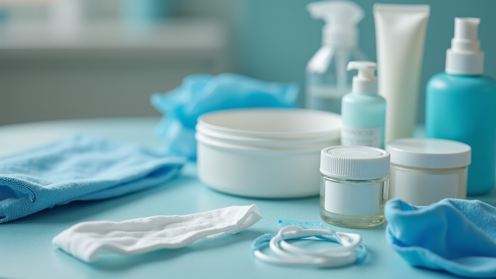 Close-up of medical supplies arranged neatly for home nursing care