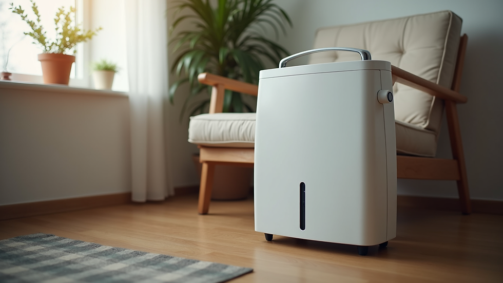 High angle view of oxygen concentrator placed next to a living room chair