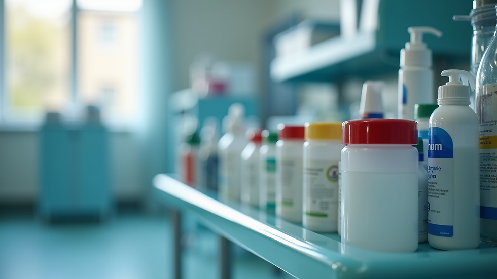 Close-up view of medical supplies arranged neatly on a home nursing cart
