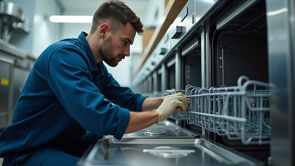 Eye-level view of a technician repairing a dishwasher in a kitchen