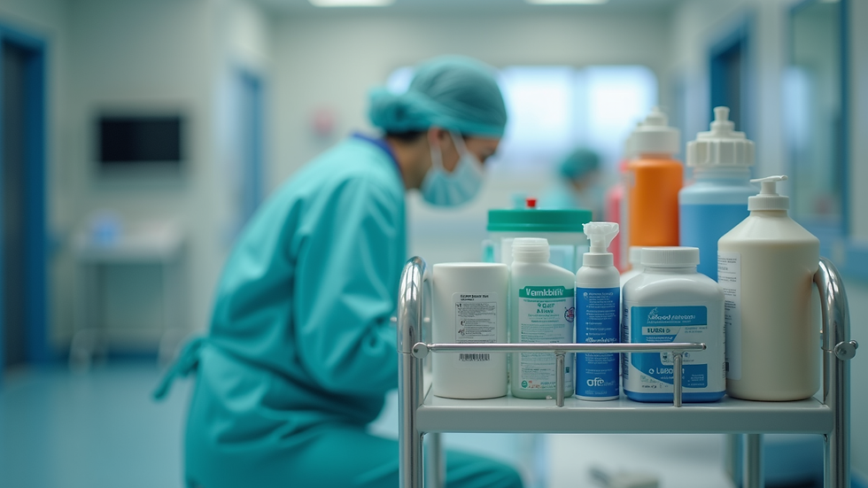 Close-up view of medical supplies arranged neatly on a home care nurse's trolley