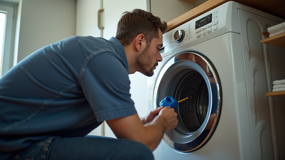 Eye-level view of a technician repairing a washing machine in a home
