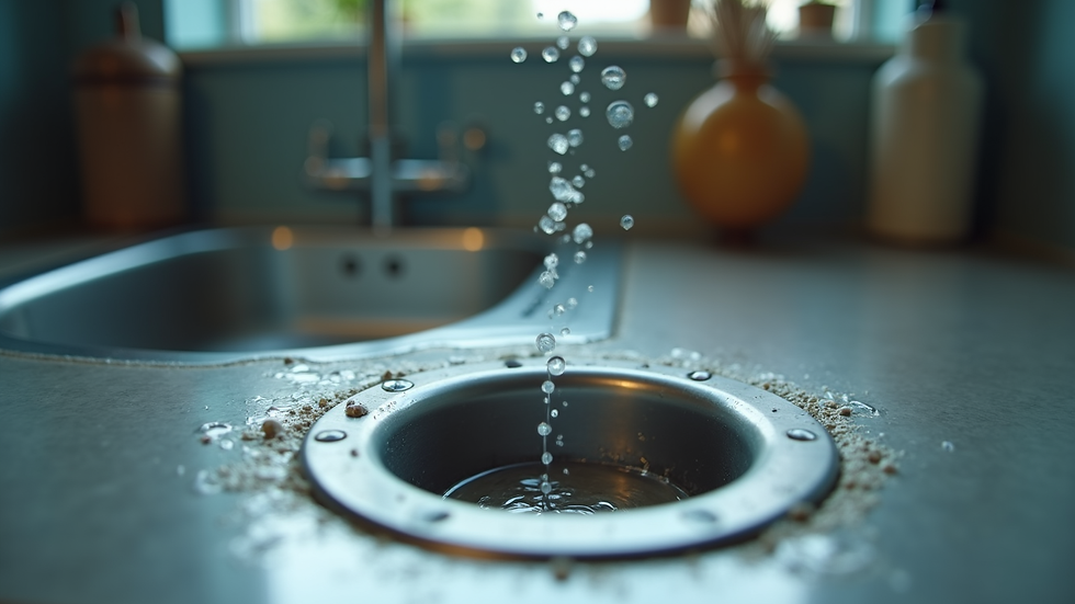 Eye-level view of a blocked kitchen sink drain with standing water