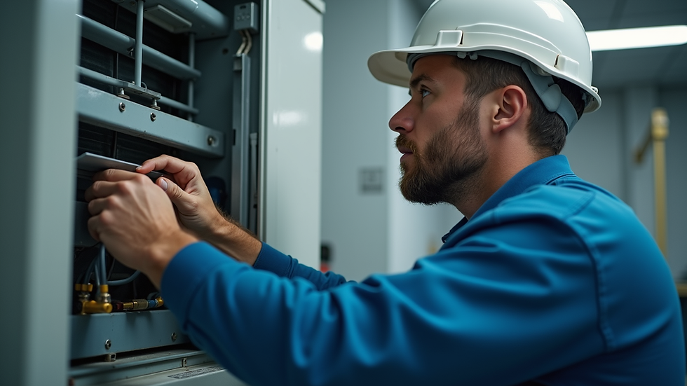 Close-up view of a technician inspecting an air conditioner unit