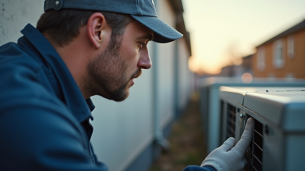 Eye-level view of a technician inspecting an air conditioner unit outdoors