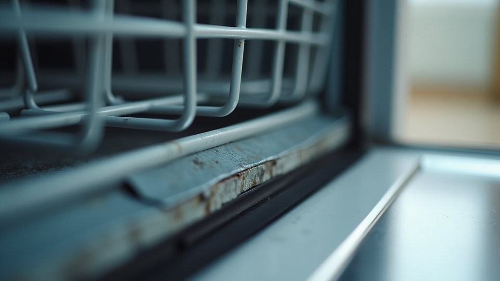 Close-up view of dishwasher door seal showing wear and tear