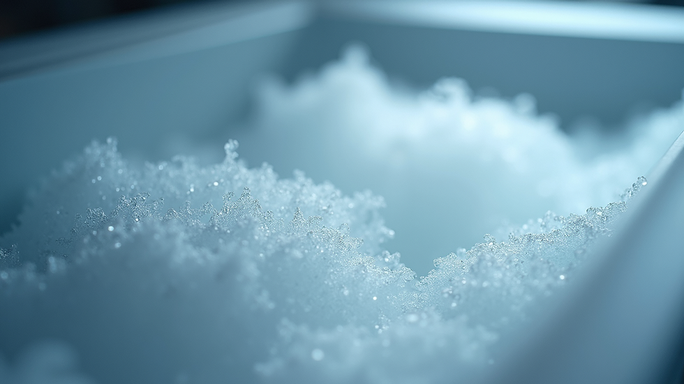 Close-up view of frost buildup inside a freezer compartment