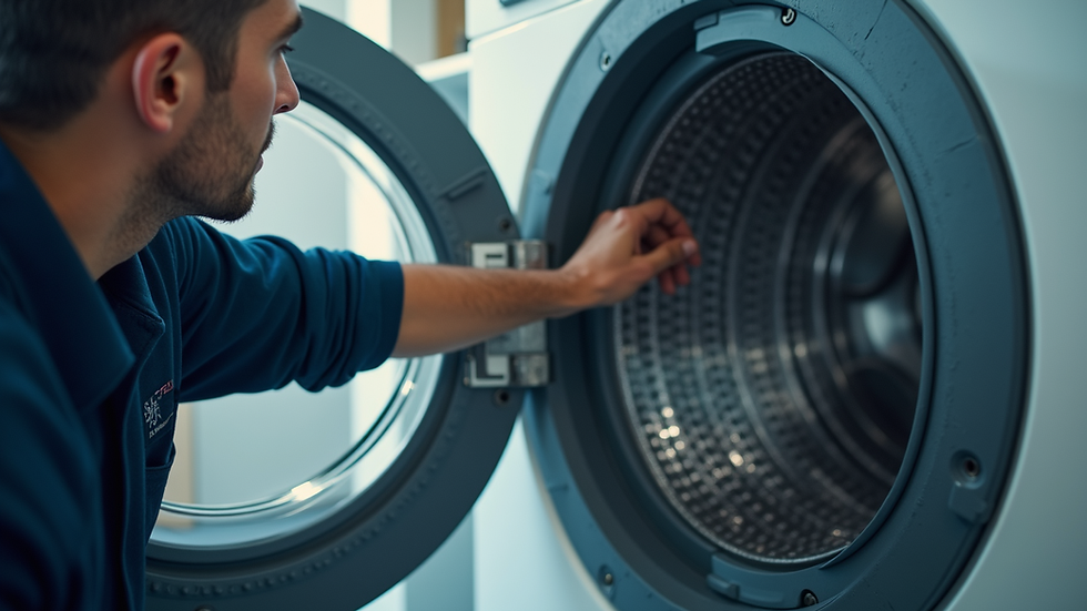 Close-up view of a technician repairing a washing machine
