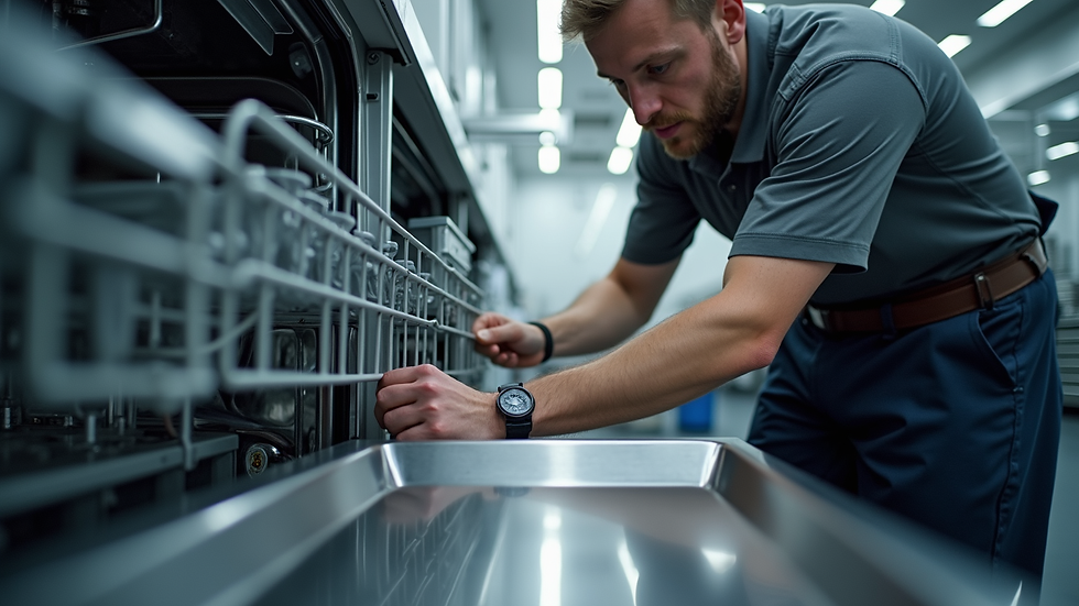 Eye-level view of a Miele technician repairing a dishwasher
