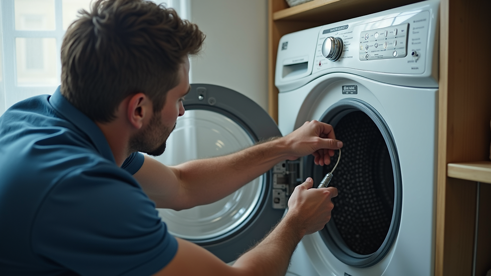 Eye-level view of a technician repairing a tumble dryer in a home laundry room