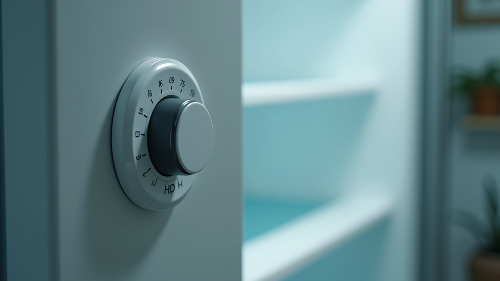 Eye-level view of a fridge thermostat dial inside the fridge compartment