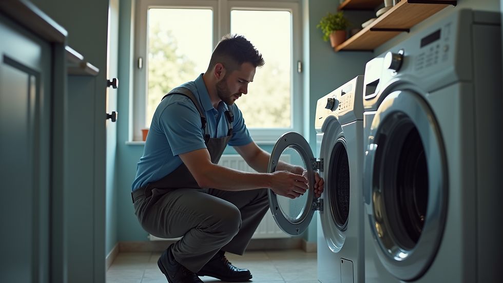 Eye-level view of a technician repairing a washing machine in a home laundry room