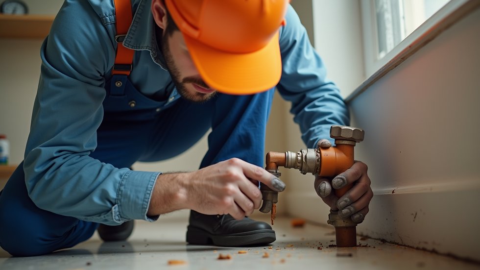 Eye-level view of a professional plumber fixing a burst pipe in a residential home