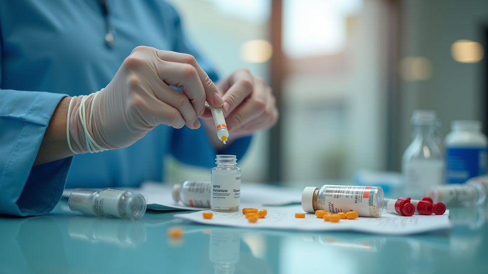 Close-up view of medical supplies and caregiver’s hands preparing medication