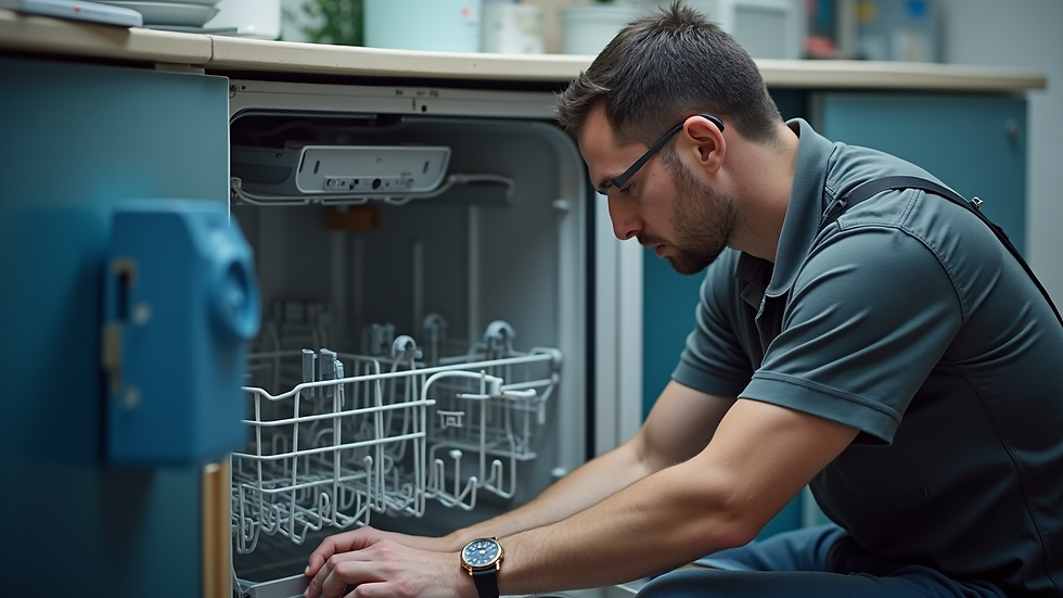 Eye-level view of a technician repairing a Whirlpool dishwasher