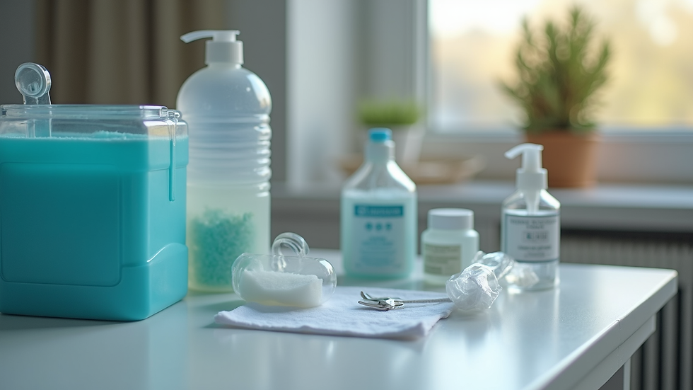 Close-up view of medical supplies and equipment arranged for home nursing care